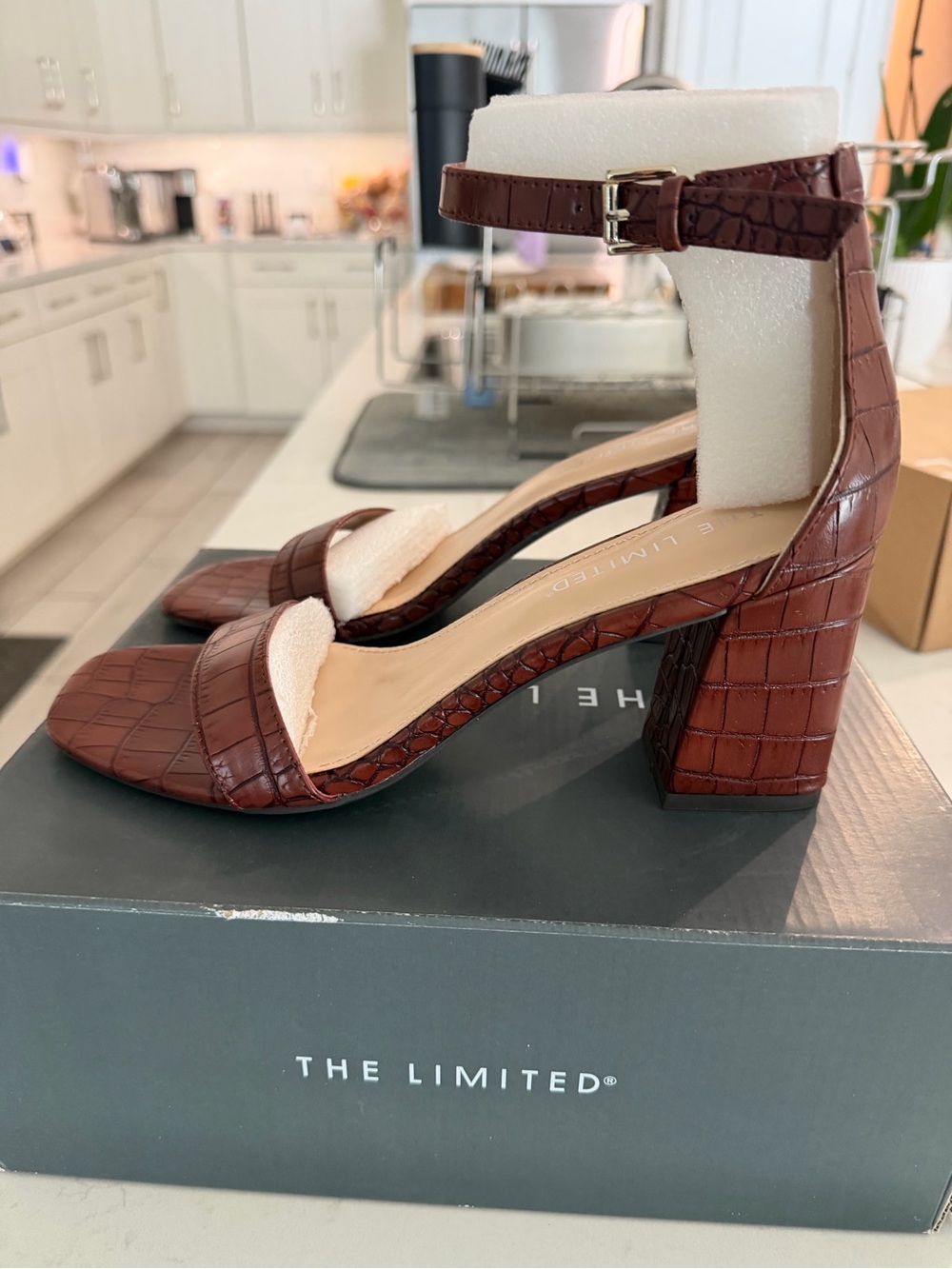 The Limited Brown Croc-Embossed Ankle Strap Block Heels - Picture 3 of 5